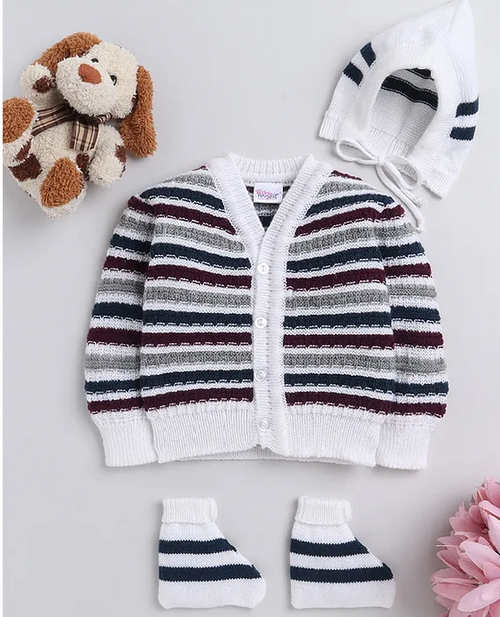 3 Pcs Full Sleeves Sweater Set V-Neck Striped Cardigan, Cap and Socks