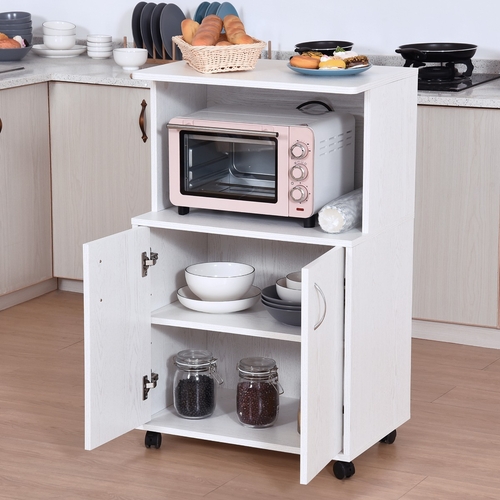 HOMCOM Microwaves Cart on Wheels with Storage Shelf and Cabinet White