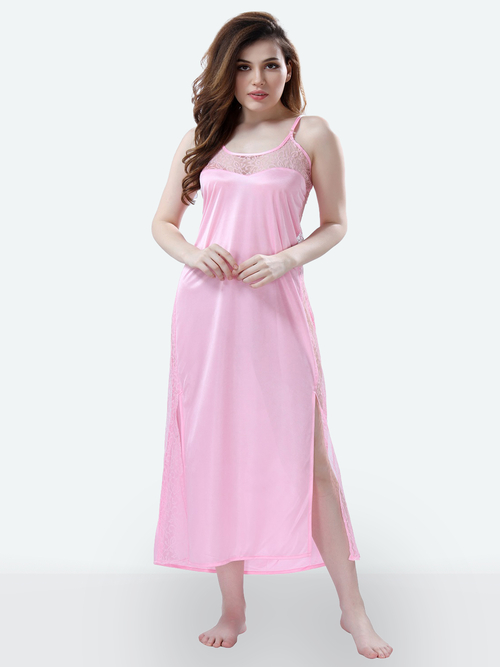 Romaisa Women's Satin Solid Pink Maxi Length Nightgown