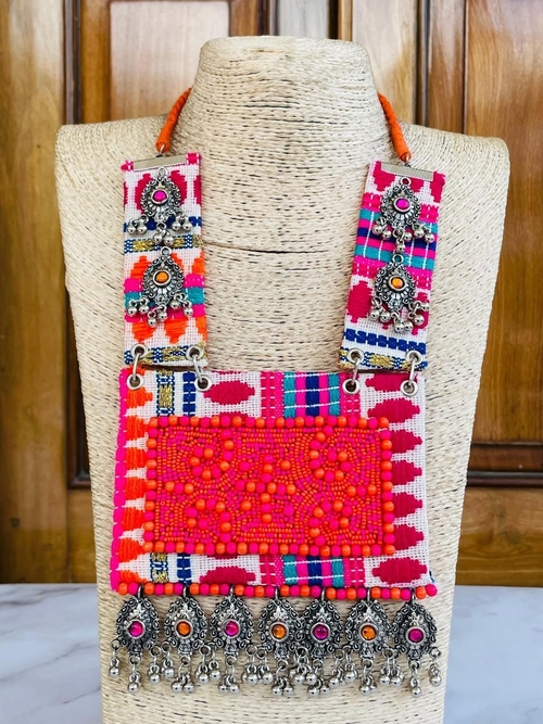 Crystals & Beads Afghan Design Brass Silver-Plated Necklace