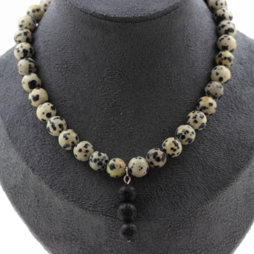 Necklace with Dalmatian Jasper beads 8 mm + 3 Lava beads 8 mm.