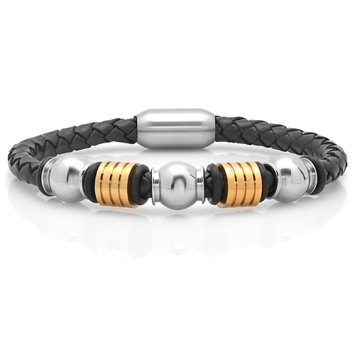 Mens Genuine Briaded Leather Bracelet, Black, Stainless Steel