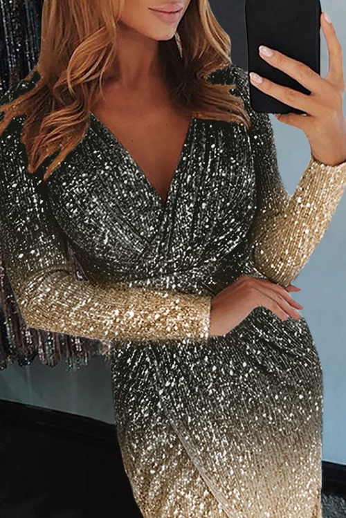 Black Ombre Sequin Wrapped Ruched Irregular Dress