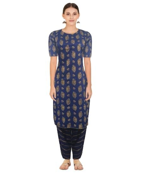 Women Kurta with Salwaar Gold Printed Gown (Blue)