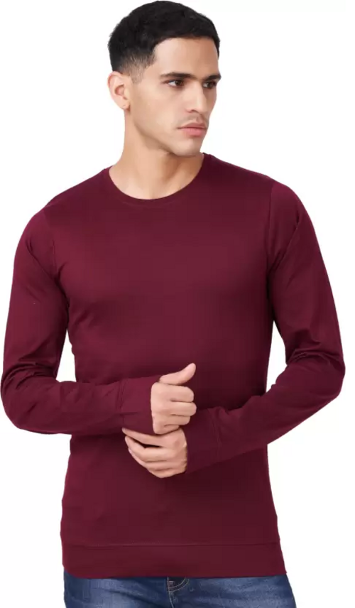 Men Solid Full Sleeves Round Neck Cotton Maroon T-Shirt (Size L)