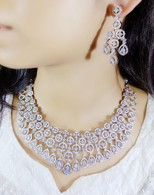 Artificial Multi Layer Transaprent Diamond Necklace Cz Stone Party