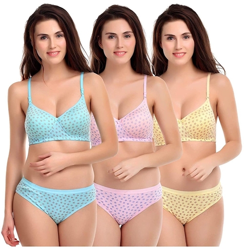 Women's Soft Cotton Padded Non-Wired Full Coverage Bra Panty Lingerie