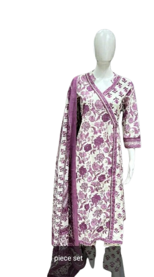 Women Pure Cotton Kurta Pant Dupatta Set Size Xl Color Purple & White