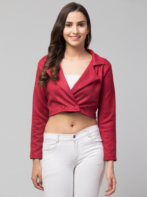 Women Solid Double-Breasted Casual Suede Blazer (Color Rani Pink)