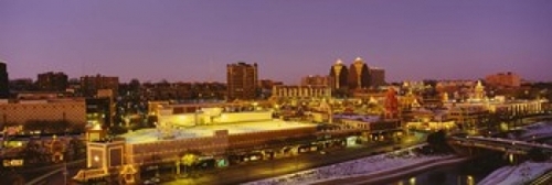 High angle view of buildings lit up at dusk  Kansas City  Missouri  US