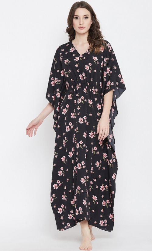 Women Floral Printed Pure Cotton Maxi Nightdress Black(Size L)