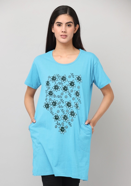 Women'S Stylish  Round Neck Cotton Printed Long Tshirt (Size-L)