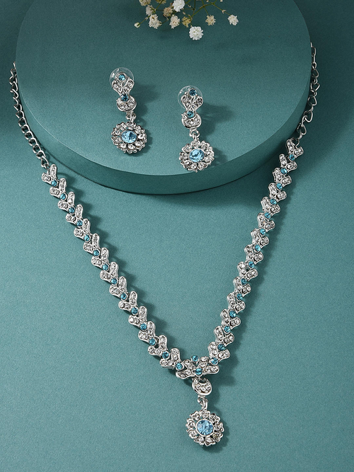 American Diamond Sapphire Silver Plated Floral Jewellery Set