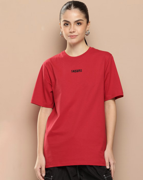 Typographic Print Oversized Crew-Neck T-Shirt (SIZE-S) (COLOR-RED)
