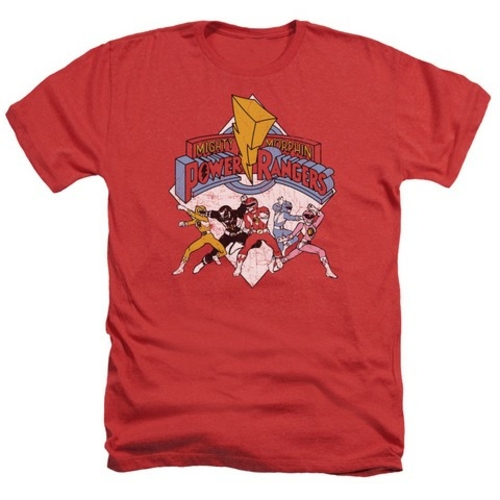 Trevco Power Rangers-Retro Rangers Adult Heather Tee, Red - Medium