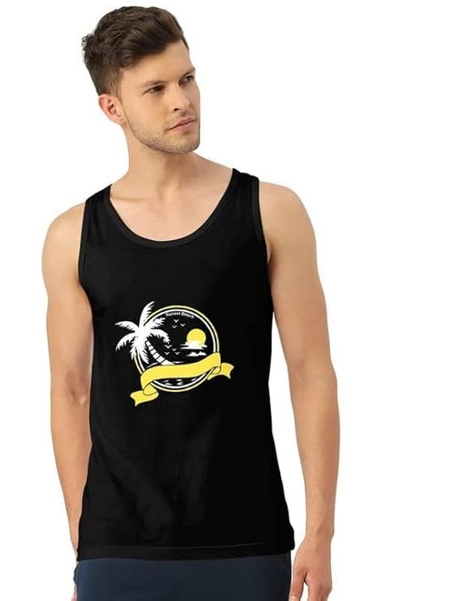 Men's Regular Cotton "MOON TREE" Printed Vest  (SIZE-S) (Color-BLACK)