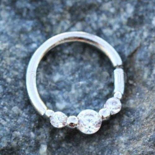 316L Stainless Steel Clear CZ Trio Annealed Seamless Ring / Septum