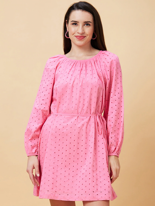 Pink Cotton A-Line Dotted Dress (Size-M) (Color-PINK)