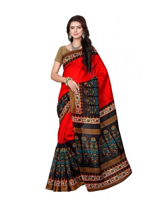 Printed Bhagalpuri Art Silk Red with Black color