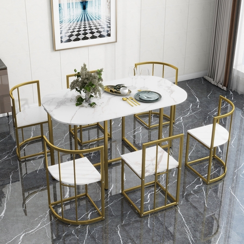 Modern 7-Piece Dining Table Set with Faux Marble Compact 55Inch