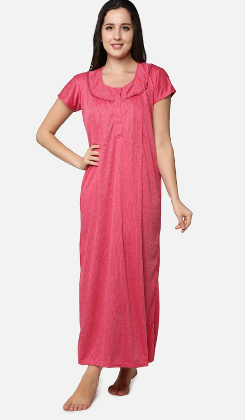 Women Synthetic Striped Maternity / Feeding Gown Pink(Size L)