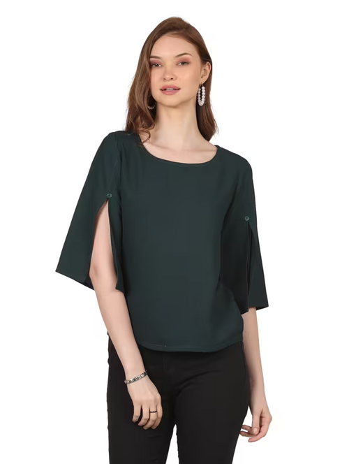 Women Solid Round Neck Slit Sleeves Top (Size-S) (Color-Dark Green)