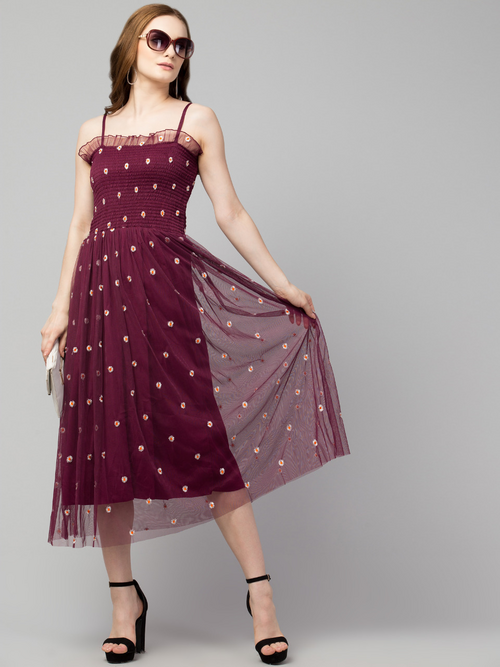 Flower Embroidered Dress-MAROON