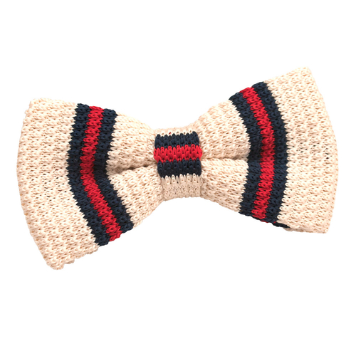 Knitted 3 Thin Stripe Bow Tie - Knitted Cream with Red & Navy Thin