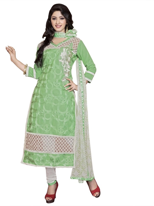 Green Embroidered Cotton Salwar Suit Dress