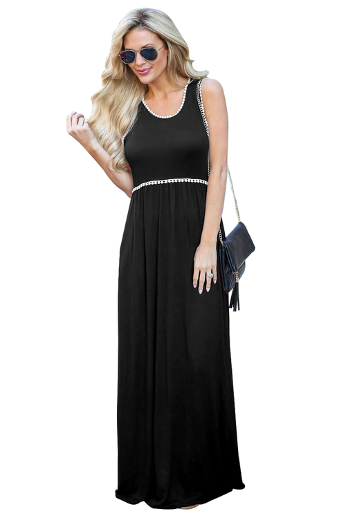 Crochet Pompom Trim Black Sleeveless Maxi Dress