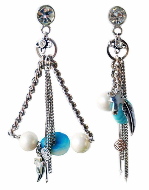 Chandelier earrings with blue agate stones, crosses, feathers, pearls,