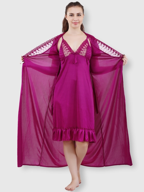 Romaisa Women's Satin Solid Magenta Nighty with Robe