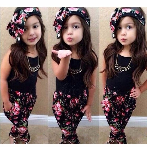 1Set Girls clothes Sleeveless Black Shirt Pants