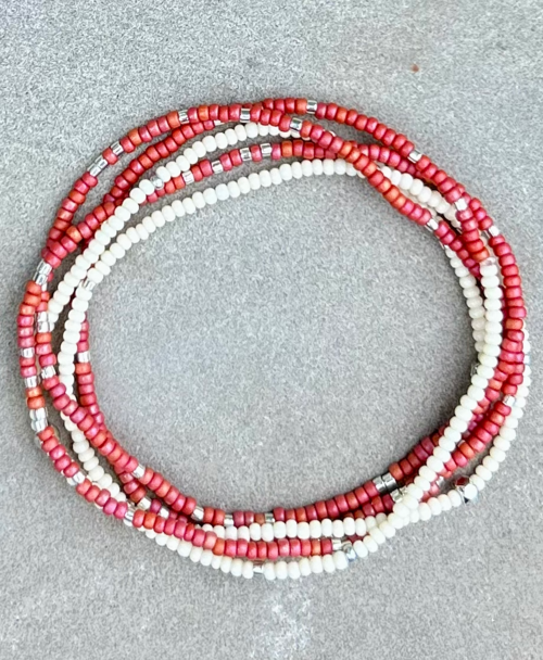 Brick Red & White Beaded 5-Wrap Boho Bracelet