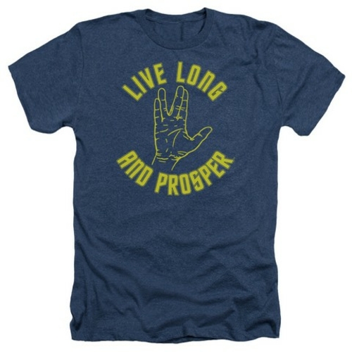 Trevco Star Trek-Live Long Hand - Adult Heather Tee - Navy- Small