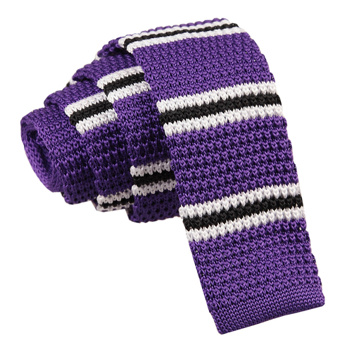 Knitted 3 Thin Stripe Skinny Tie - Knitted Purple with Black & White