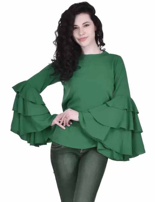 Casual Bell Sleeves Solid Women (Size-S) GREEN)