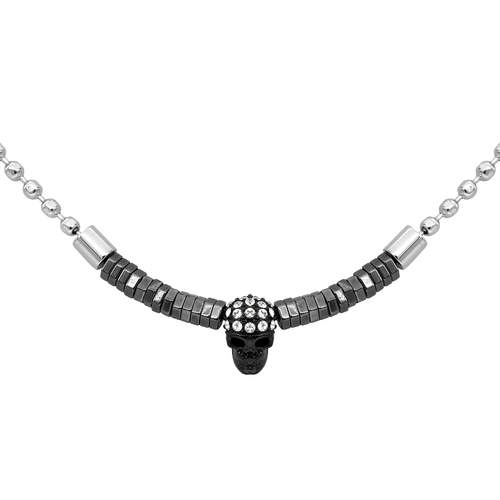 Steel Ball  Black skull with Black hematite beads Necklace