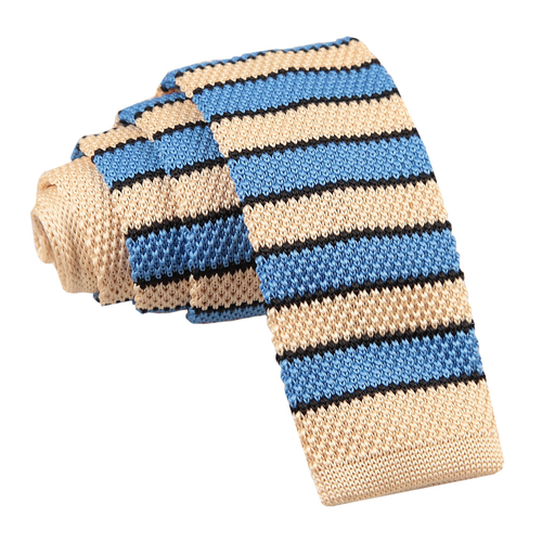 Knitted Stripe with 2 Borders Skinny Tie - Knitted Cream, Light Blue