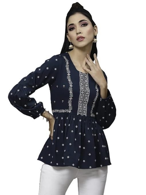 Women's Embroidery & printed Fit & Flare Top  (Size-M) (Color-BLUE)