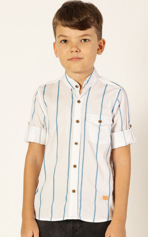 Boys Premium Band Collar Vertical Striped Cotton Casual Shirt (Color