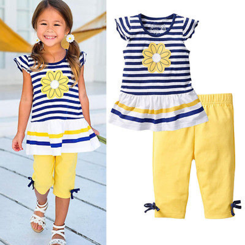 2Pcs Baby Girls Kids Flower Strip T Shirt