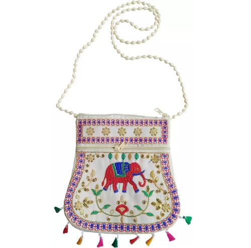 White Women Sling Bag Handcrafted Matka Elephant Cotton