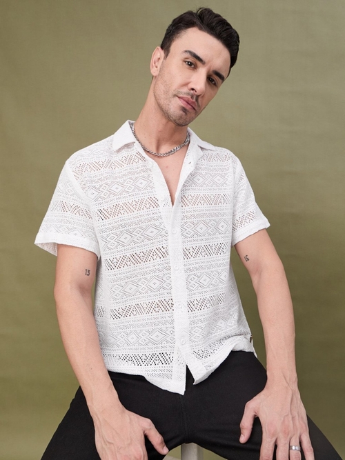 Crochet Half Sleeves Relaxed Fit Shirt-WHITE (Size-L) (Color-WHITE)
