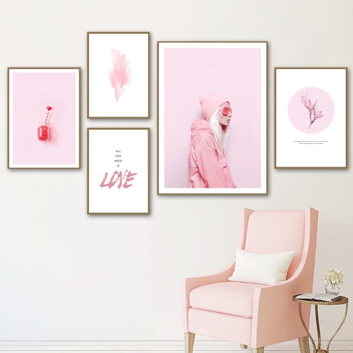 Pink Girl Feather Flower Love Quote Wall Art