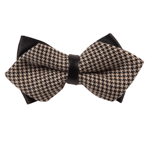 Diamond Tip Pre-Tied Bow Tie - Whitewash Houndstooth Champagne & Black