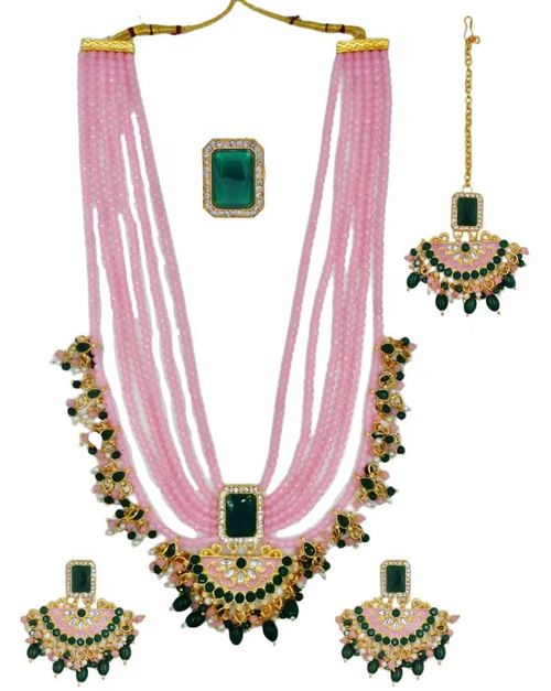 Women Stone-Studded Layered Jewellery Set Pink Beads