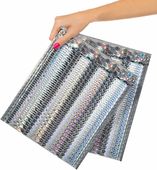 100 Pack Metallic Holographic Bubble Mailers 8.5 x 11. Bubble Lined
