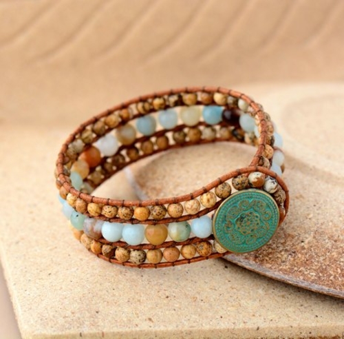 Cuff Bracelet Unique Stones Amazonite Leather Wrap