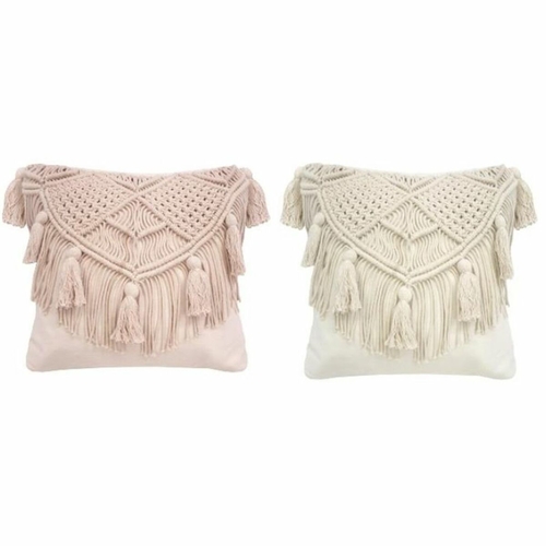 Cushion DKD Home Decor White Beige Light Pink Squared Fringe Boho 45 x